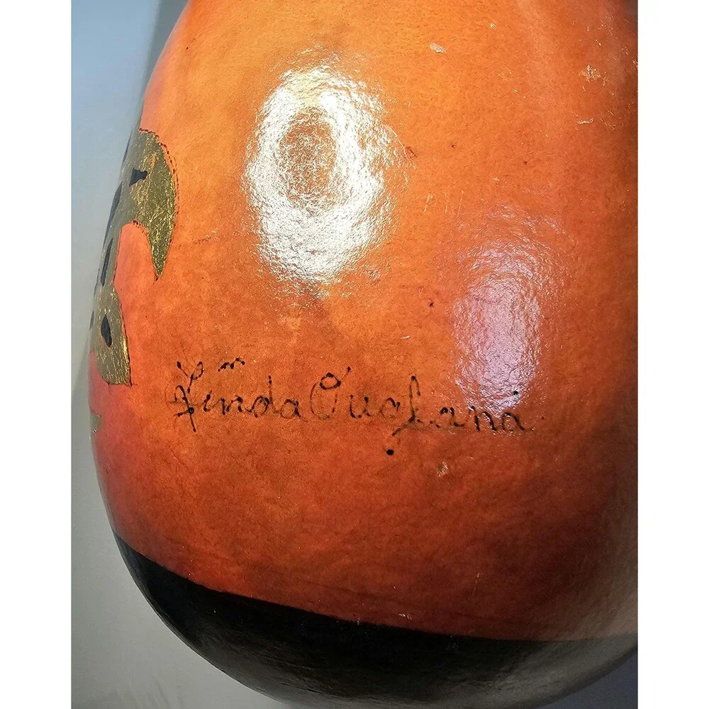 Vtg Folk Art Handpainted Gourd Turtle Design, signed by Linda Ougland